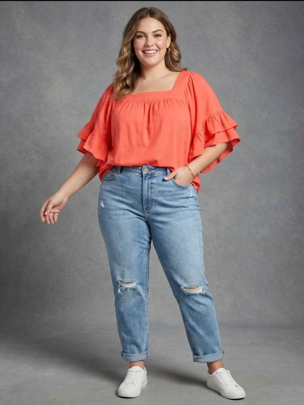 Terra & Sky Coral Ruffle Sleeve Square Neck Top